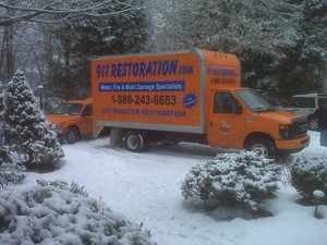 911 Restoration Central New York | Restoration Truck Parked Outside Job During Winter